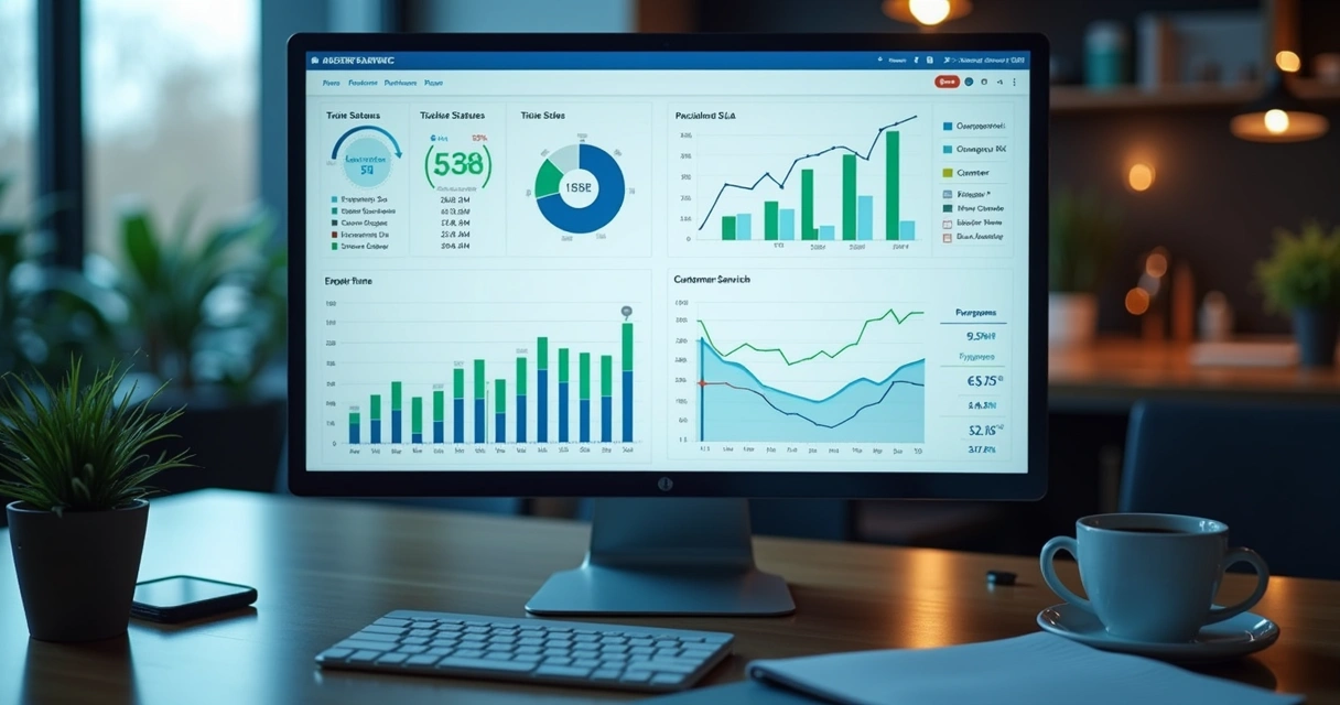 Tela de computador mostrando gráficos detalhados de KPIs e conversas via WhatsApp em ambiente de escritório moderno
