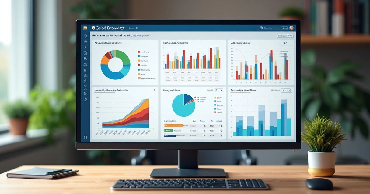 Tela de computador exibindo painel de indicadores de atendimento com gráficos e tabelas detalhadas