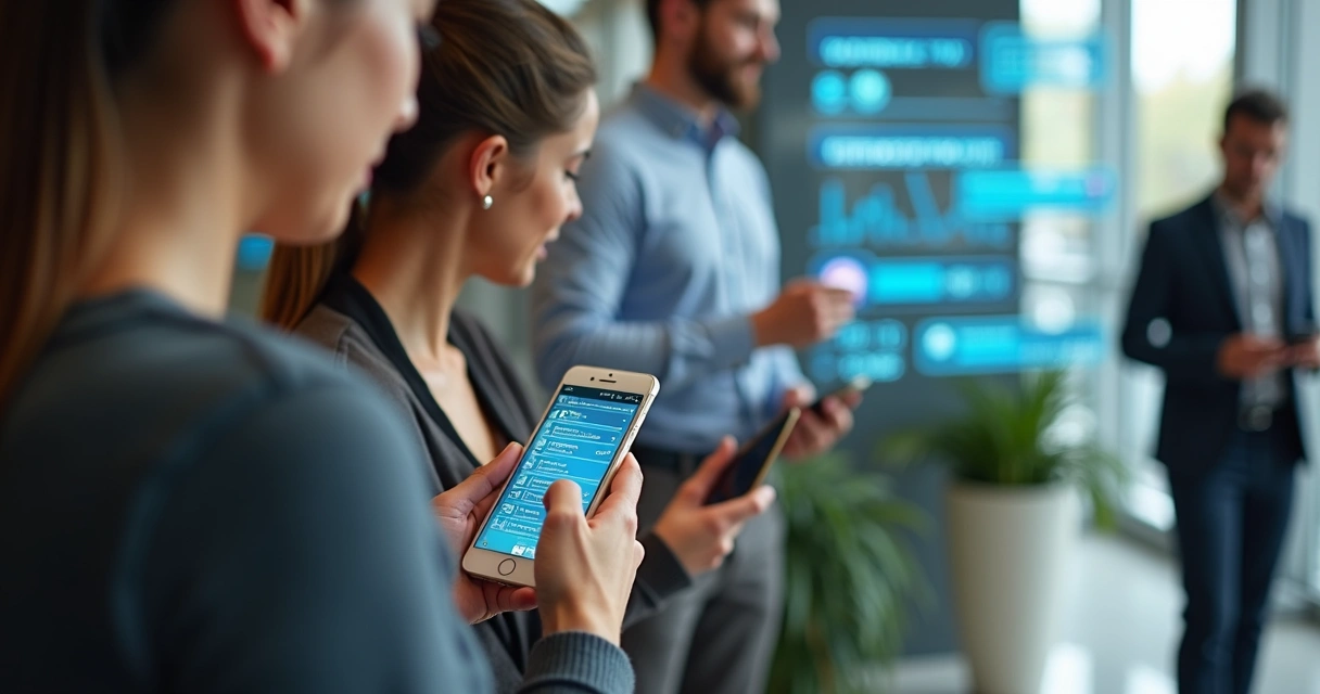 Moradores de condomínio usando smartphones para dar feedback digital por mensagem