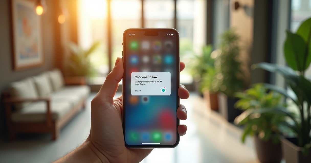Tela de smartphone exibindo notificação automática de boleto vencendo para morador de condomínio