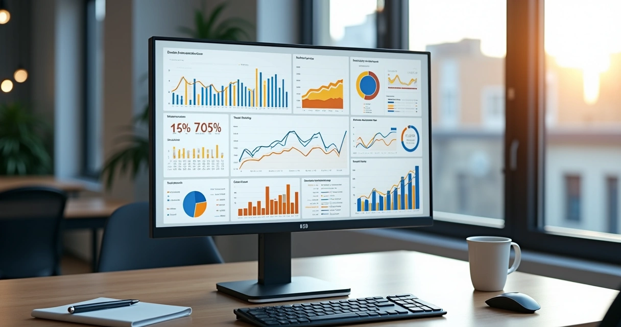 Tela de computador exibindo painel de indicadores com gráficos coloridos e dados organizados