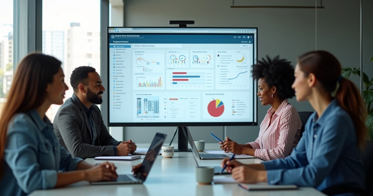 Equipe de administradores consultando playbook de atendimento em tela digital com gráficos e listas organizadas
