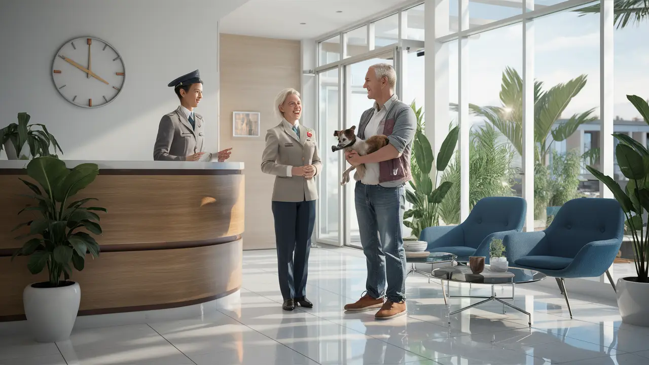 Porteiro de uniforme cumprimenta residente sorridente com cachorro, cercado por plantas e área de espera moderna.