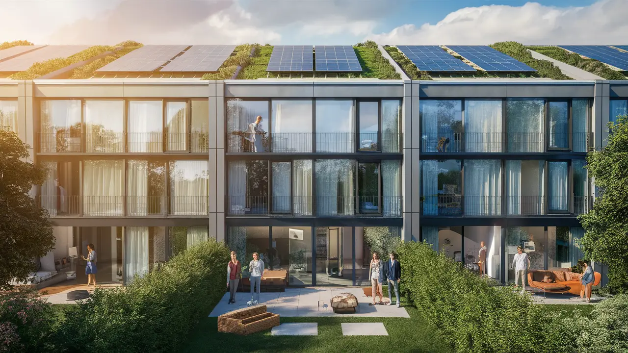 Prédio moderno com fachada de vidro, painéis solares e sensores inteligentes nas janelas, cercado por jardins verdes.