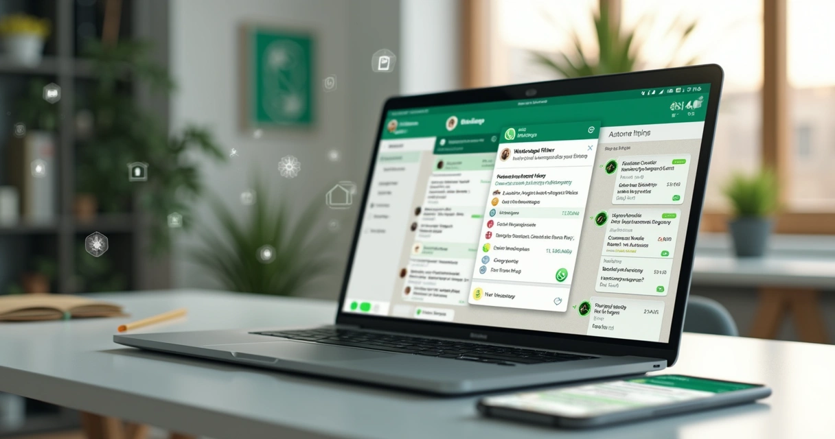Interface de WhatsApp com filtros automáticos para priorização de mensagens organizada em filas, em um ambiente de trabalho moderno com computador e smartphone