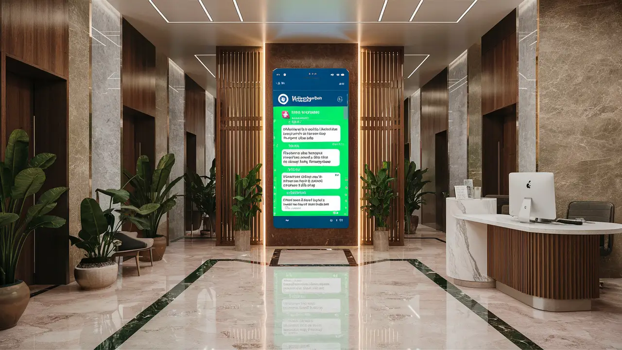 Recepção de condomínio com tela mostrando mensagens do WhatsApp, plantas em vasos e piso de mármore.