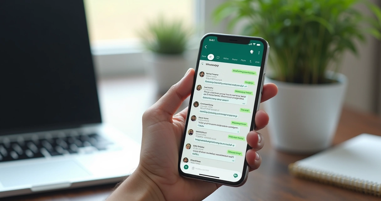 Tela de smartphone mostrando aplicativo WhatsApp com histórico de conversas organizadas e notificações de atendimento
