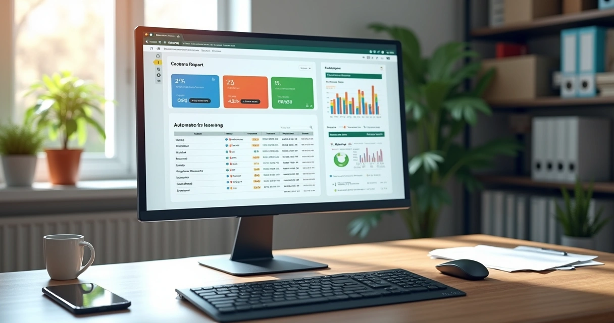 Computador mostrando relatório automatizado com gráficos e mensagens de WhatsApp na tela