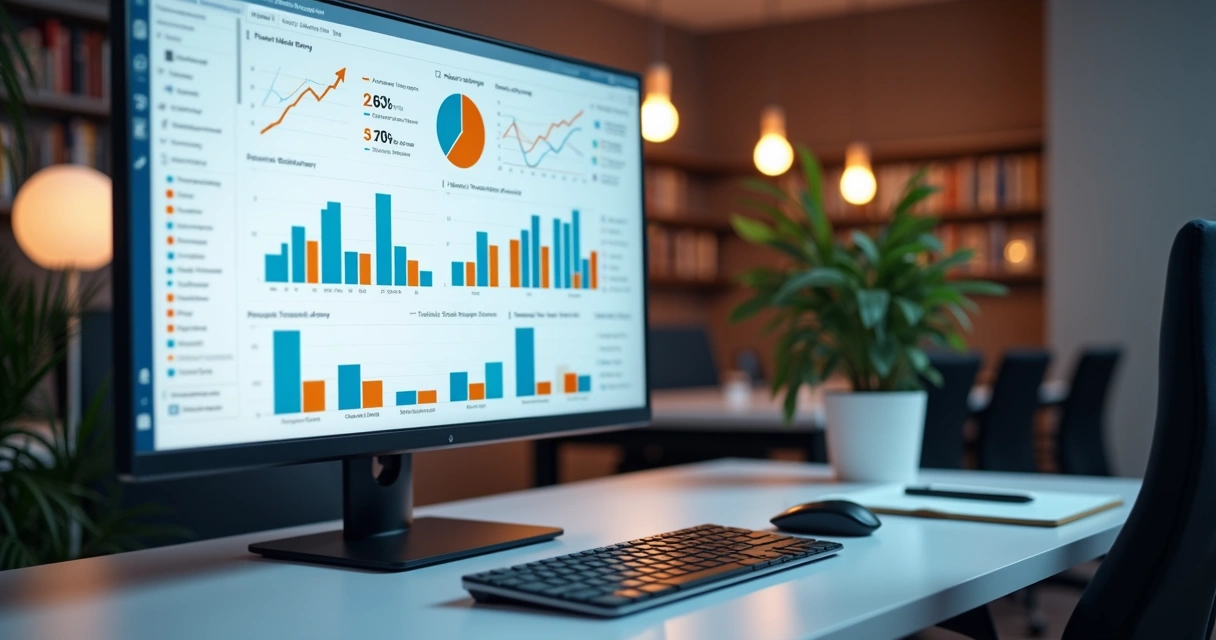 Tela de computador exibindo gráficos detalhados e tabelas com relatórios de gestão de tickets organizados