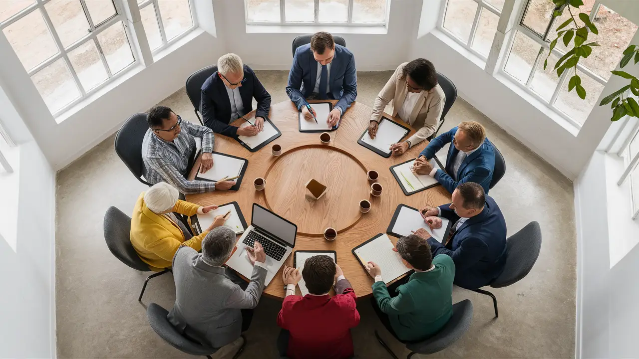 Adultos diversos em uma sala de reunião moderna, sentados ao redor de uma mesa circular de madeira com laptops e cadernos.