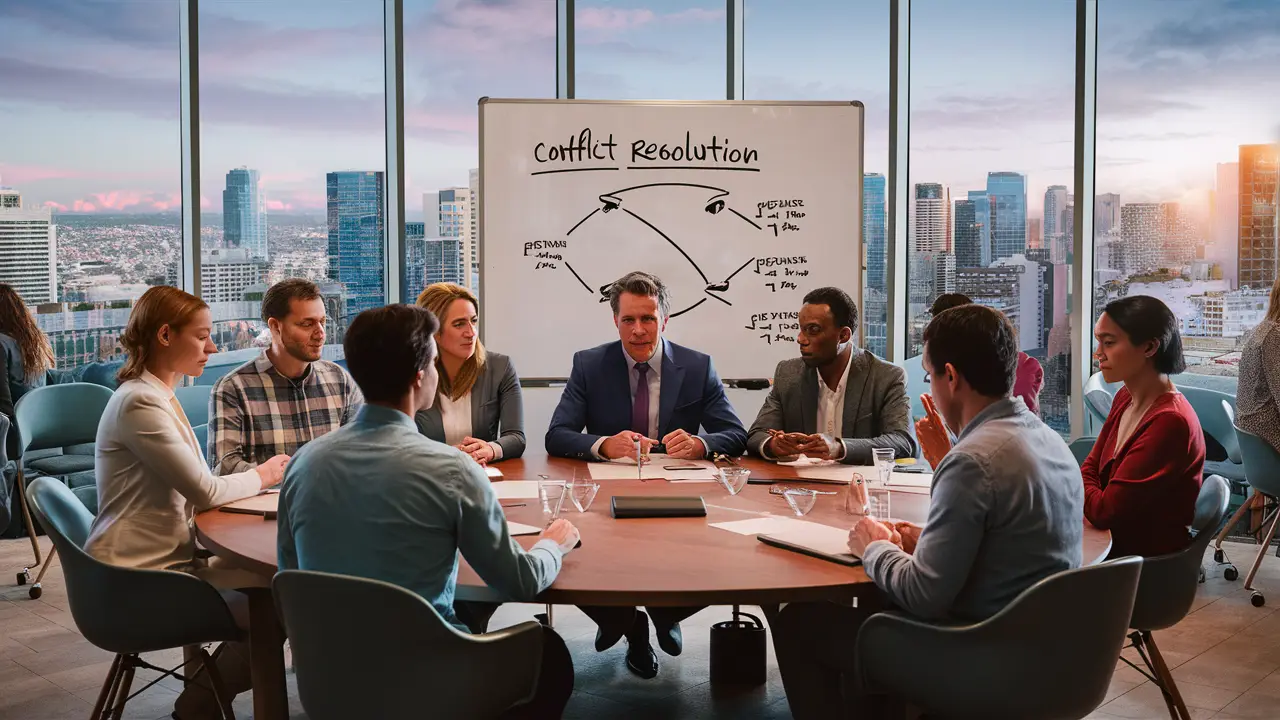 Pessoas discutindo em uma sala de reuniões de condomínio com vista para a cidade e quadro branco ao fundo.