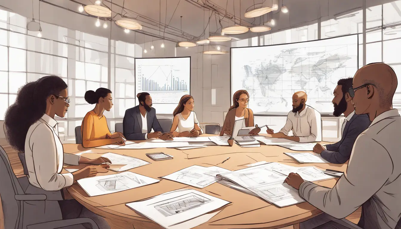 Reunião de equipe em sala de conferências com adultos discutindo planos arquitetônicos em uma tela grande.