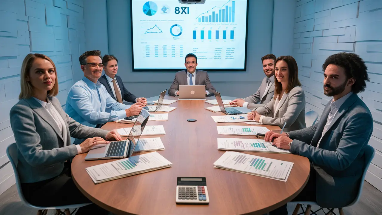 Grupo em sala de reuniões moderna com documentos financeiros e gráficos projetados em tela.