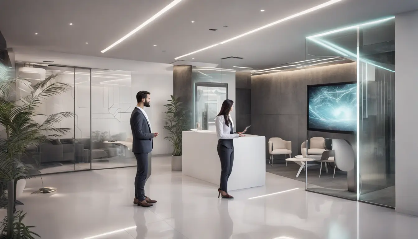Recepcionista robô futurista em imobiliária moderna com telas holográficas e clientes humanos.