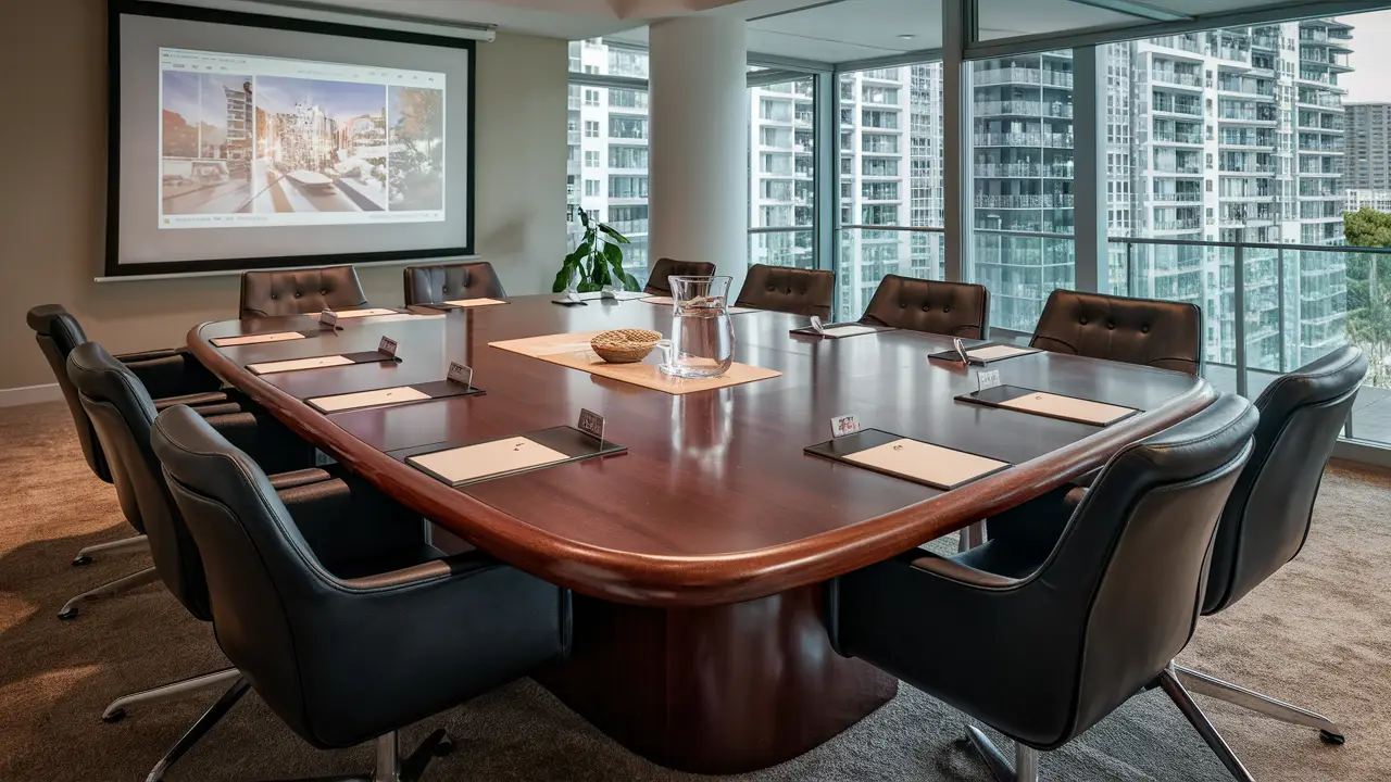 Grande mesa retangular de madeira com cadeiras de couro preto em sala de reuniões de condomínio, tela de projeção ao fundo.