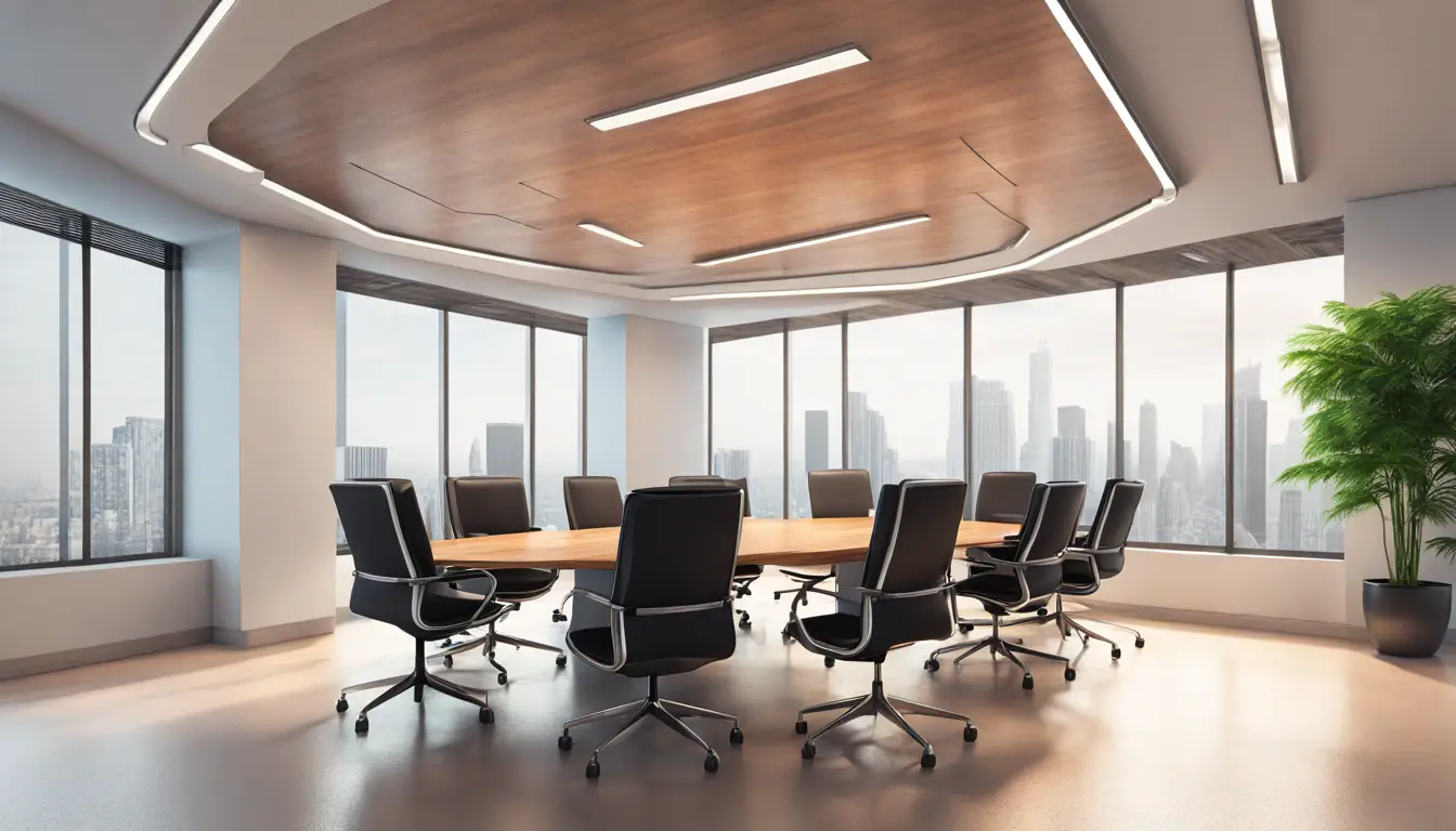Sala de reuniões moderna com mesa de conferência de madeira, cadeiras de couro preto e janela grande com vista para a cidade.