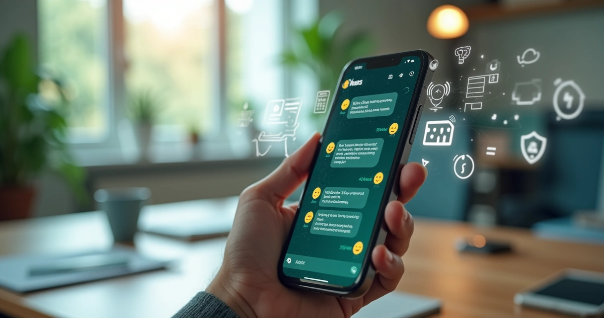 Tela de smartphone mostrando conversa no WhatsApp com gráficos de satisfação e inteligência artificial ao fundo