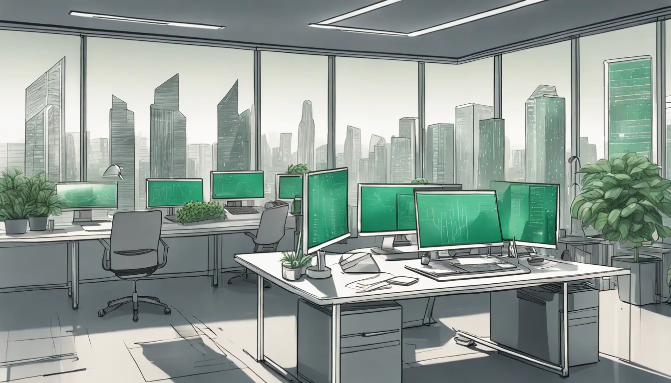 Tela interativa em escritório moderno com ferramentas de gestão predial, cercada por miniaturas de arranha-céus.