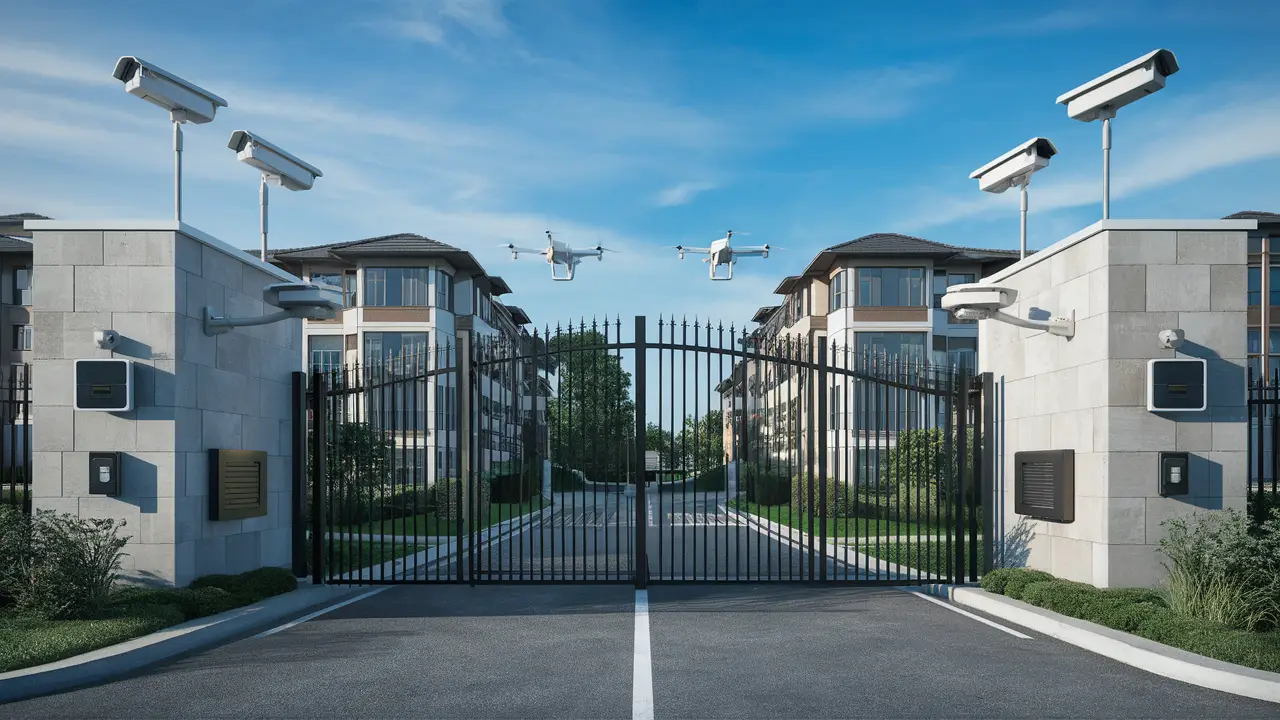 Complexo residencial moderno com câmeras de vigilância, controle de acesso inteligente e drones patrulhando o perímetro.