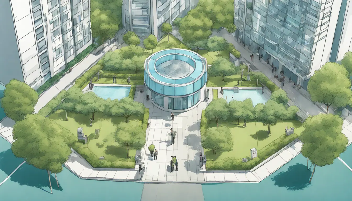 Vista aérea de um condomínio moderno com câmeras de segurança, guarita e guarda patrulhando, cercado por gramados verdes.