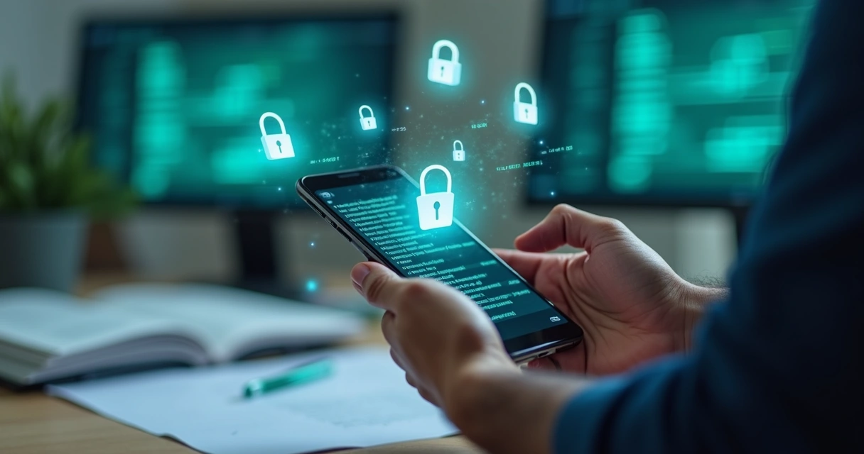 Celular exibindo conversa protegida no WhatsApp com fundo digital de cadeado e dados criptografados