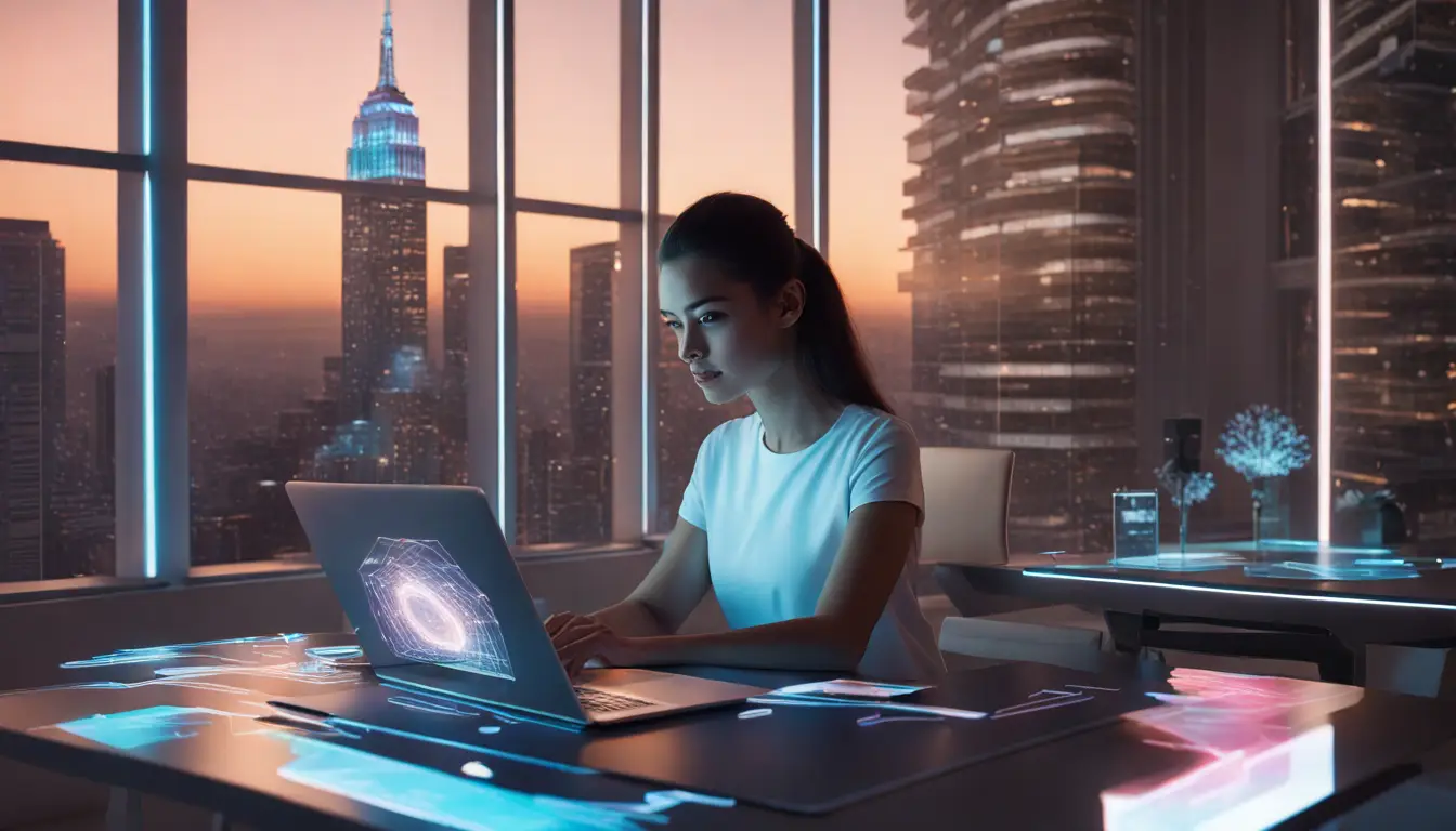 Síndico em escritório moderno usando laptop com assistente virtual holográfico, prateleiras de documentos e janela com cidade futurista ao fundo.