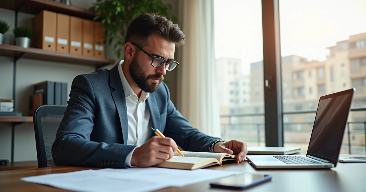 Síndico estudando termos técnicos em um escritório moderno com livros e documentos organizados
