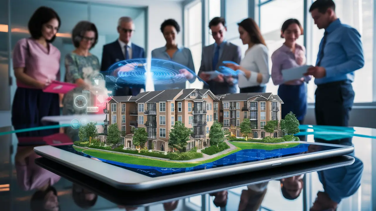 Pessoas interagindo com interfaces holográficas ao redor de uma mesa com tablet mostrando mapa de condomínio.