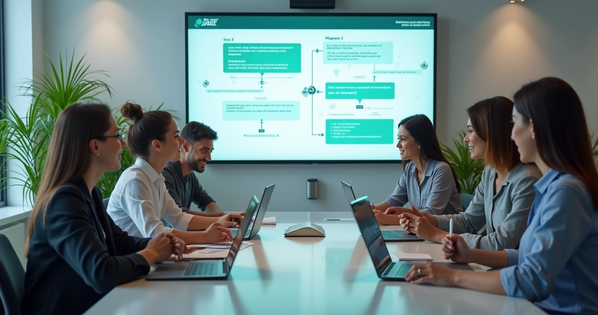 Equipe treinando com computadores e smartphones para uso de IA no atendimento condominial, ambiente de escritório moderno e organizado