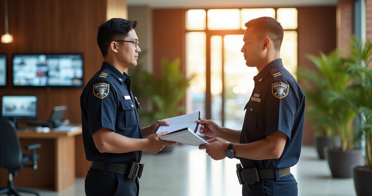 Dois porteiros em uniformes trocando informações em ambiente de portaria durante a troca de turno