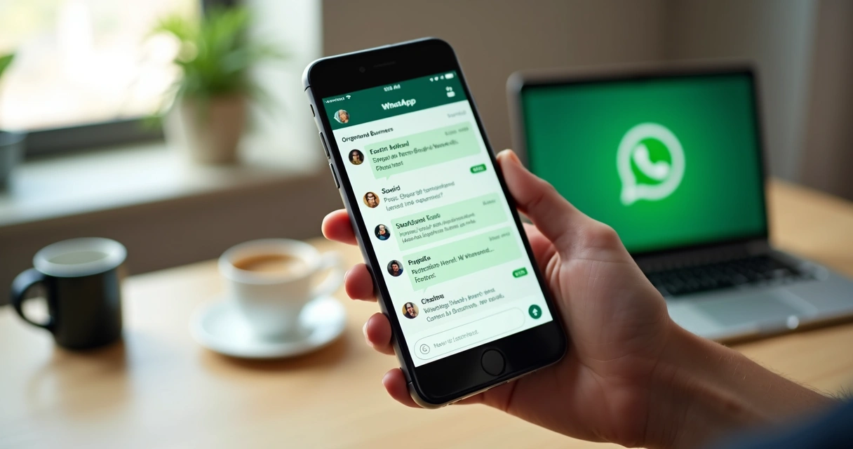 Tela de smartphone mostrando conversas organizadas no WhatsApp Business com ícones de automação e atendimento ao cliente