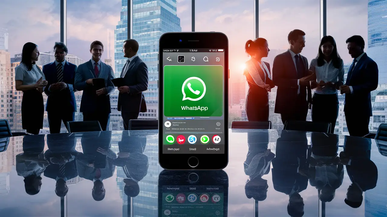 Pessoas em trajes de negócios discutindo ao redor de um smartphone com interface do WhatsApp em um escritório moderno.