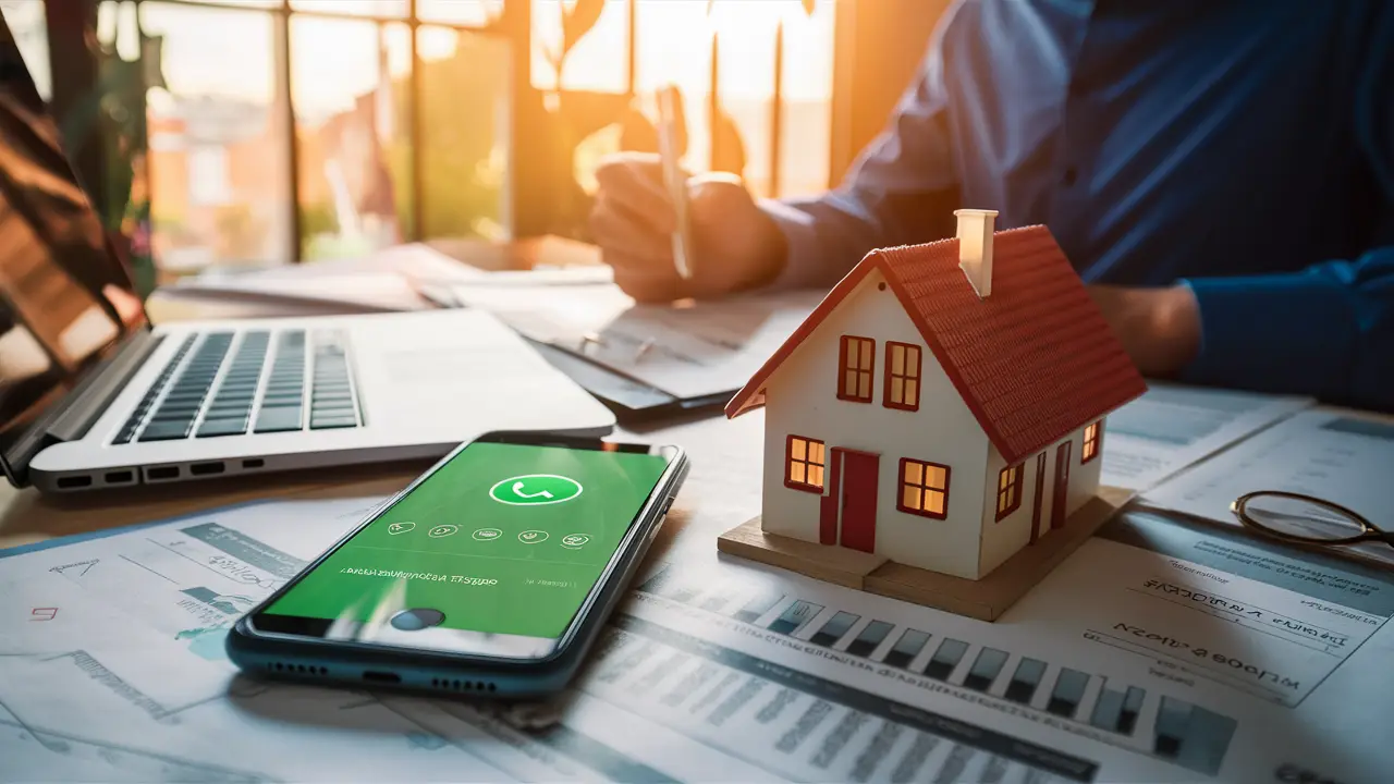 Smartphone com WhatsApp ao lado de uma casa modelo e documentos imobiliários em uma mesa de escritório.