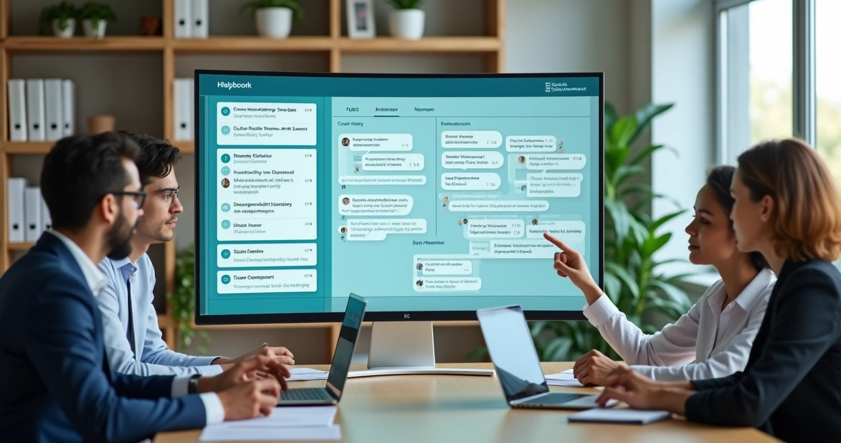 Equipe de atendimento usando painel digital de central de ajuda no escritório