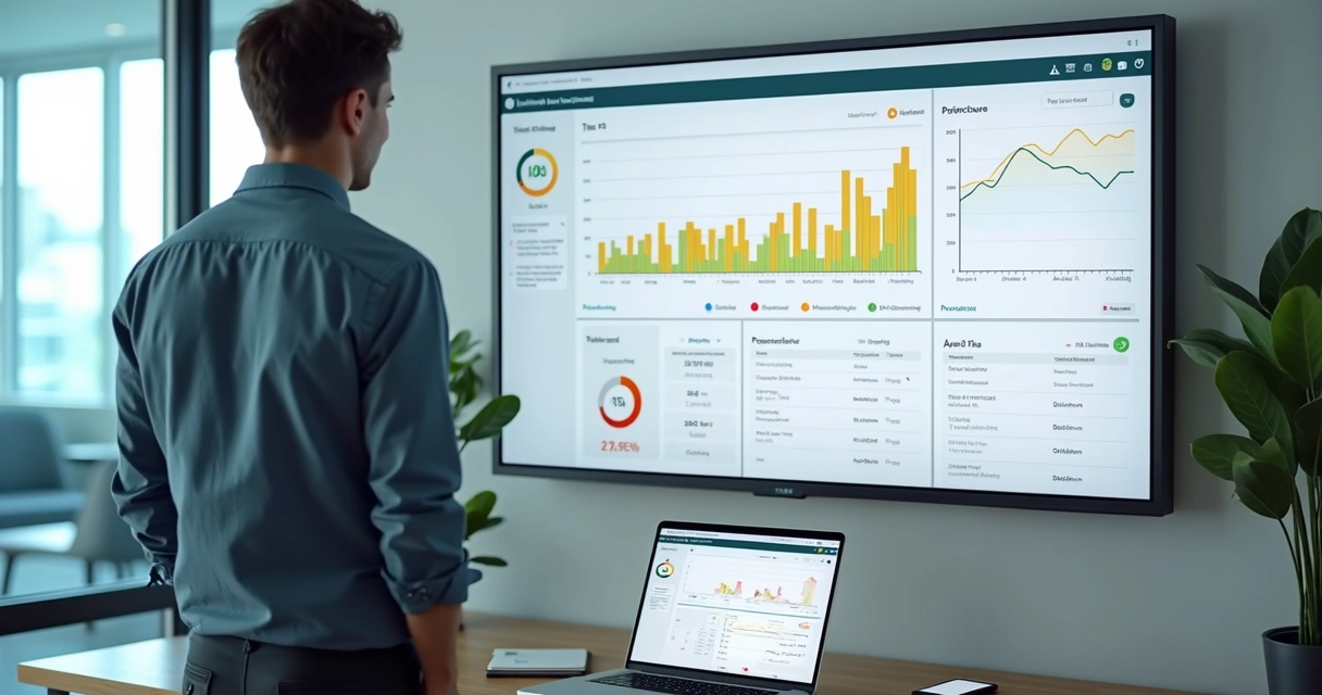 Gestor analisando painel de SLA com alertas de risco em tela grande