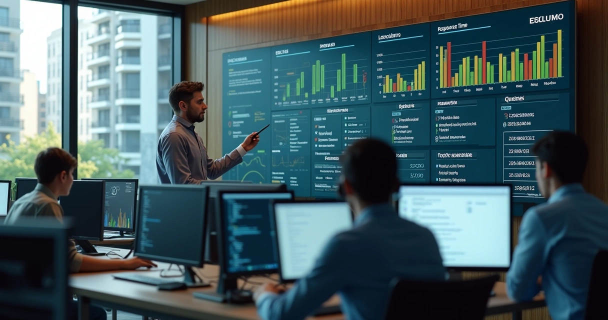 Gestor monitorando SLA de atendimentos de condomínio em vários painéis digitais