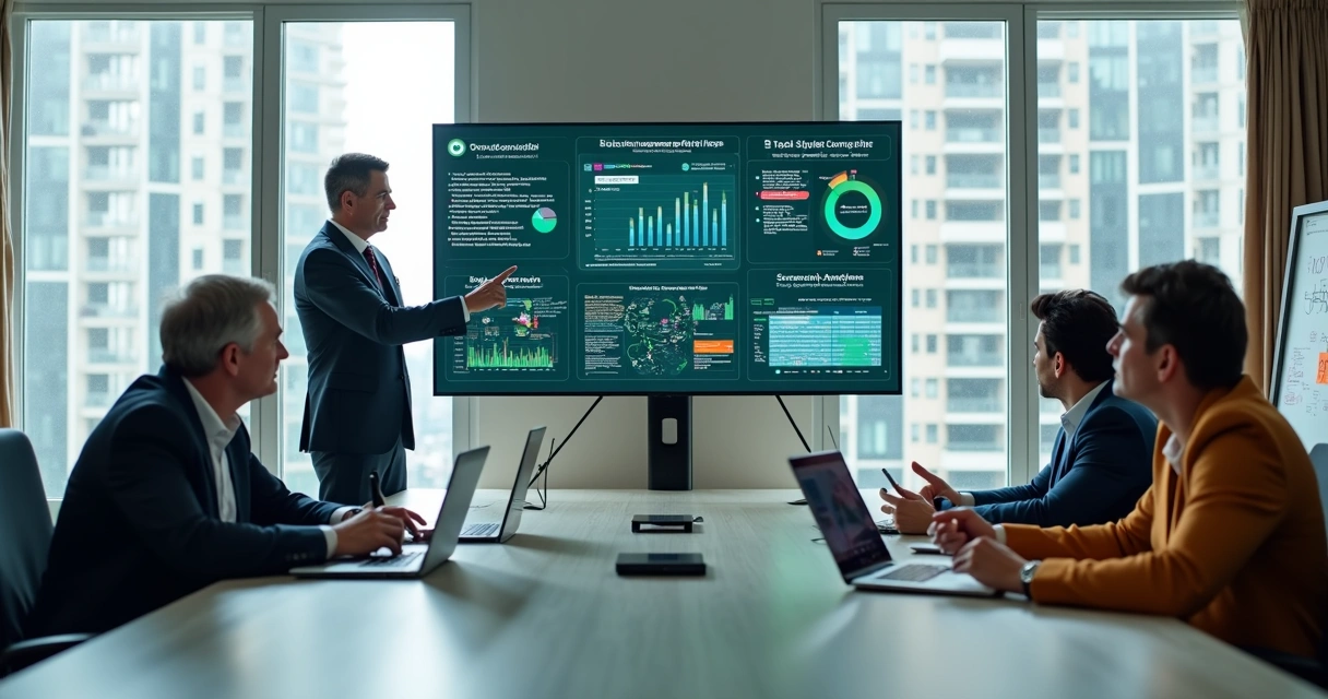 Gestores de condomínio analisando telas com sistemas desintegrados em sala de reunião