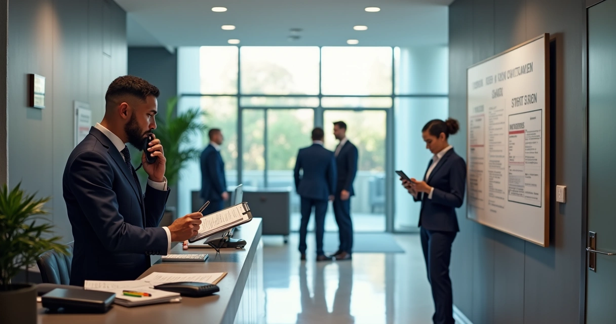 Equipe de portaria em condomínio administrando atendimento durante pane de internet