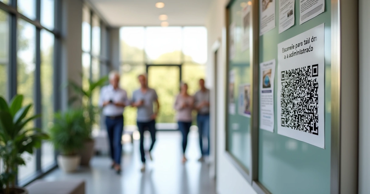 Painel de avisos em área comum de condomínio com QR code para comunicação digital