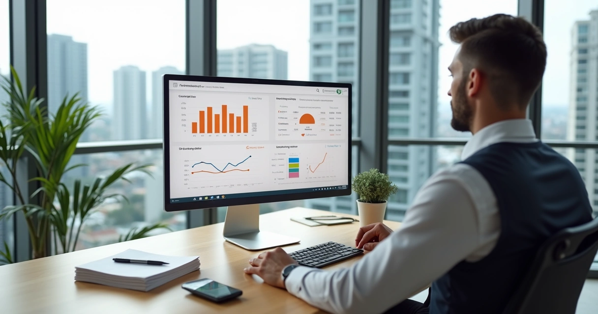 Gestor imobiliário analisando painel financeiro em escritório moderno