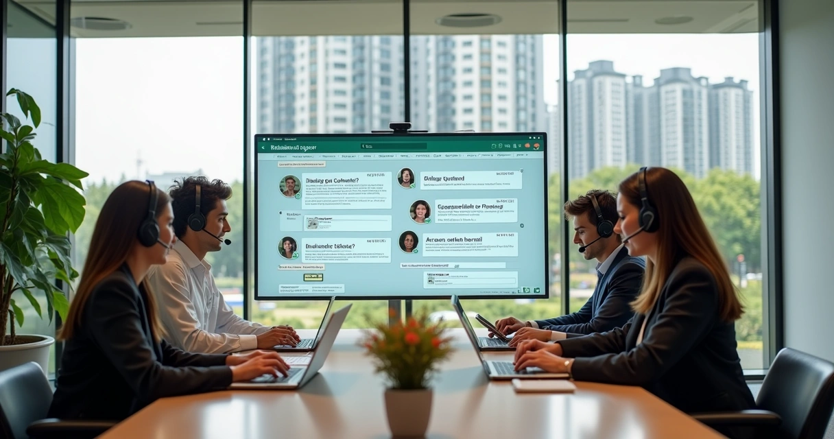 Equipe de atendimento em escritório de condomínio falando por computador e celular com diferentes perfis de moradores na tela
