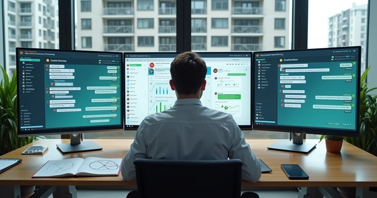 Gestor de condomínio analisando painéis de atendimento digital em escritório moderno