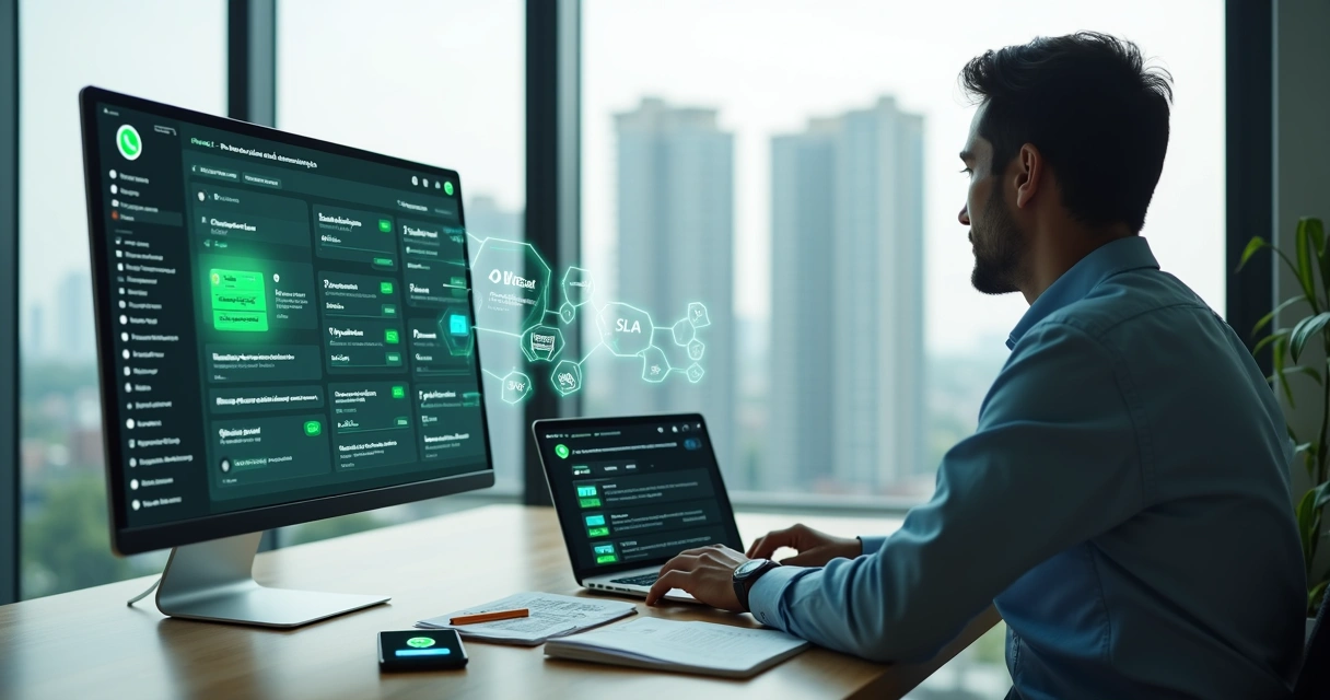 Gestor analisando painel de CRM integrado ao WhatsApp em ambiente de administração de condomínios