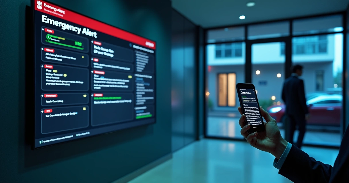 Painel digital com alertas emergenciais em condomínio moderno