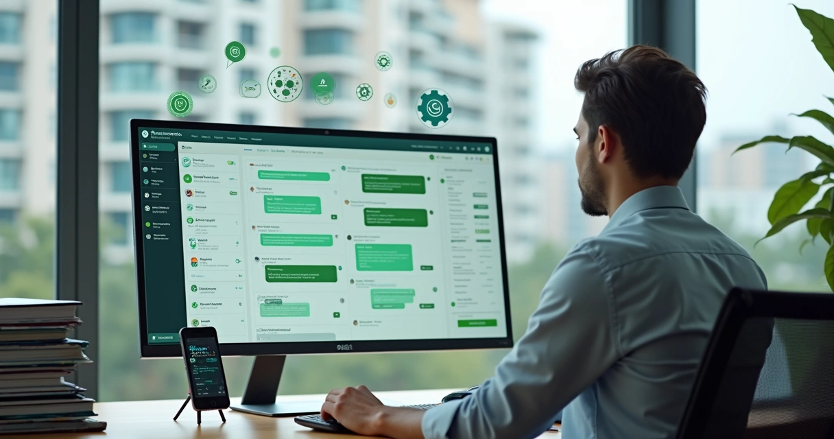 Síndico em escritório moderno controlando atendimento digital no computador