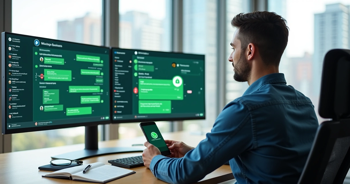 Gestor de imobiliária analisando dados de WhatsApp em painel com ícones de privacidade e LGPD
