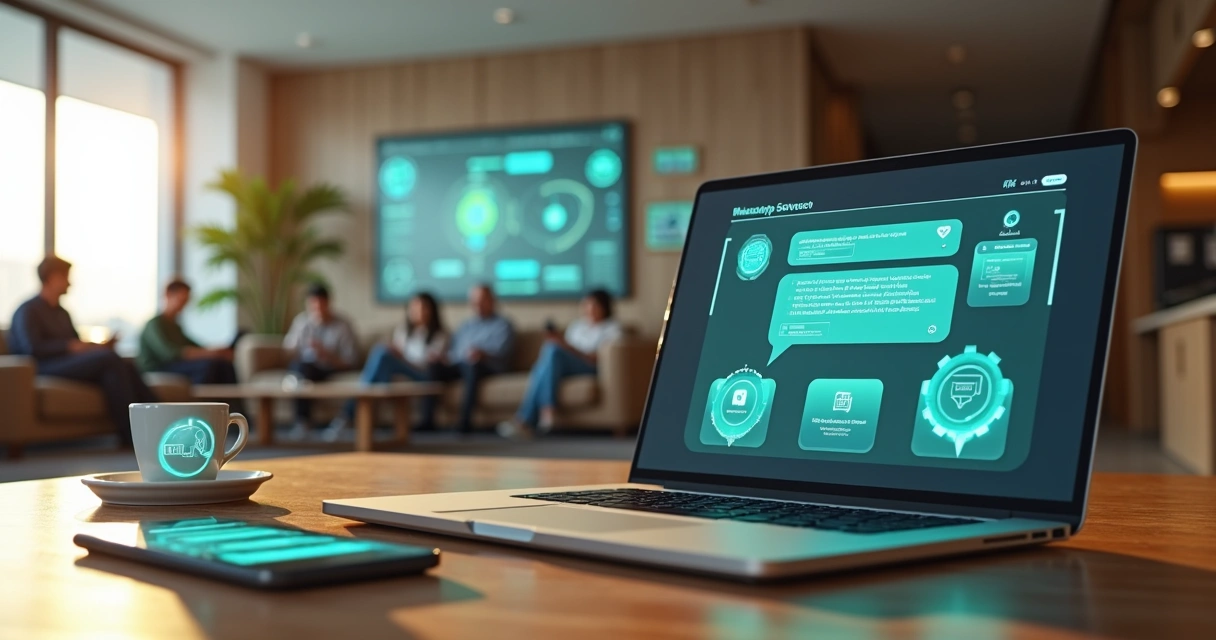Tela de chatbot de condomínio em laptop com moradores usando celular em ambiente moderno
