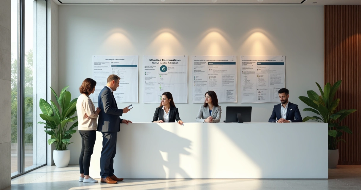 Equipe de administradora de condomínio atendendo moradores em balcão com painéis de mensagens ao fundo