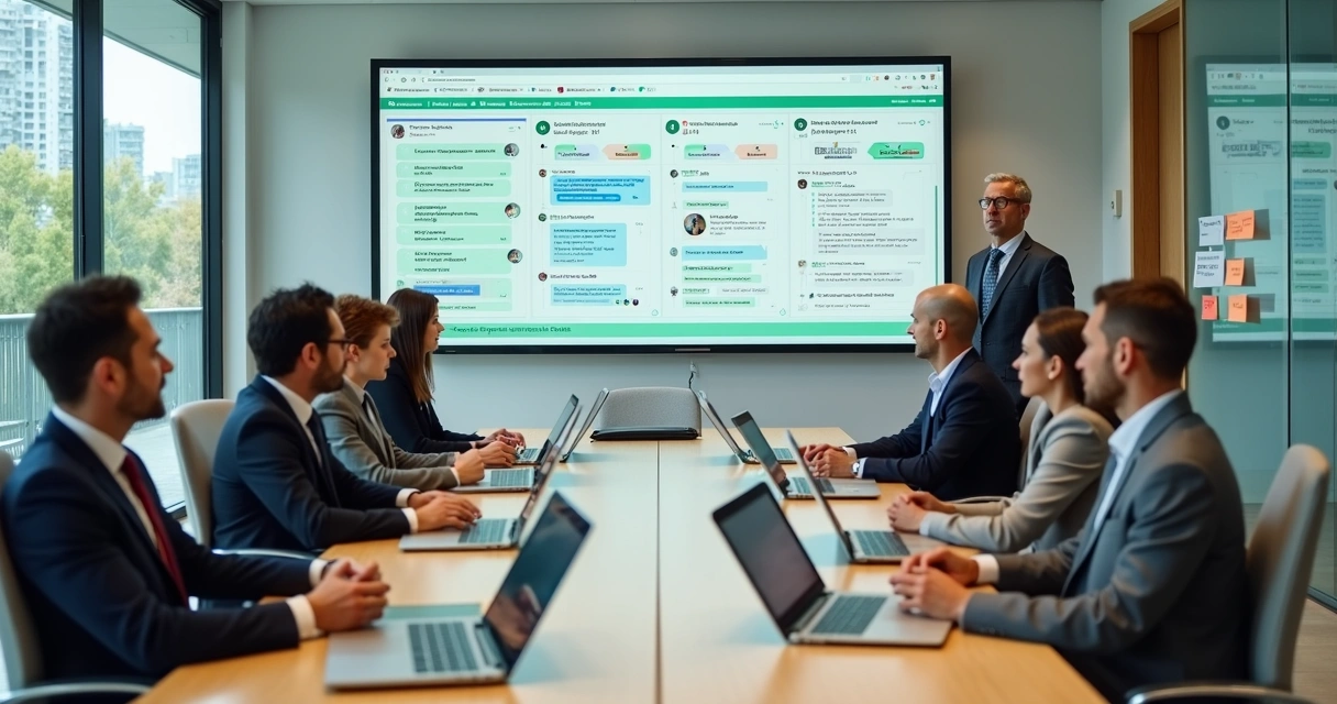 Equipe de gestão de condomínio acompanhando comunicação digital em painel com mensagens e indicadores