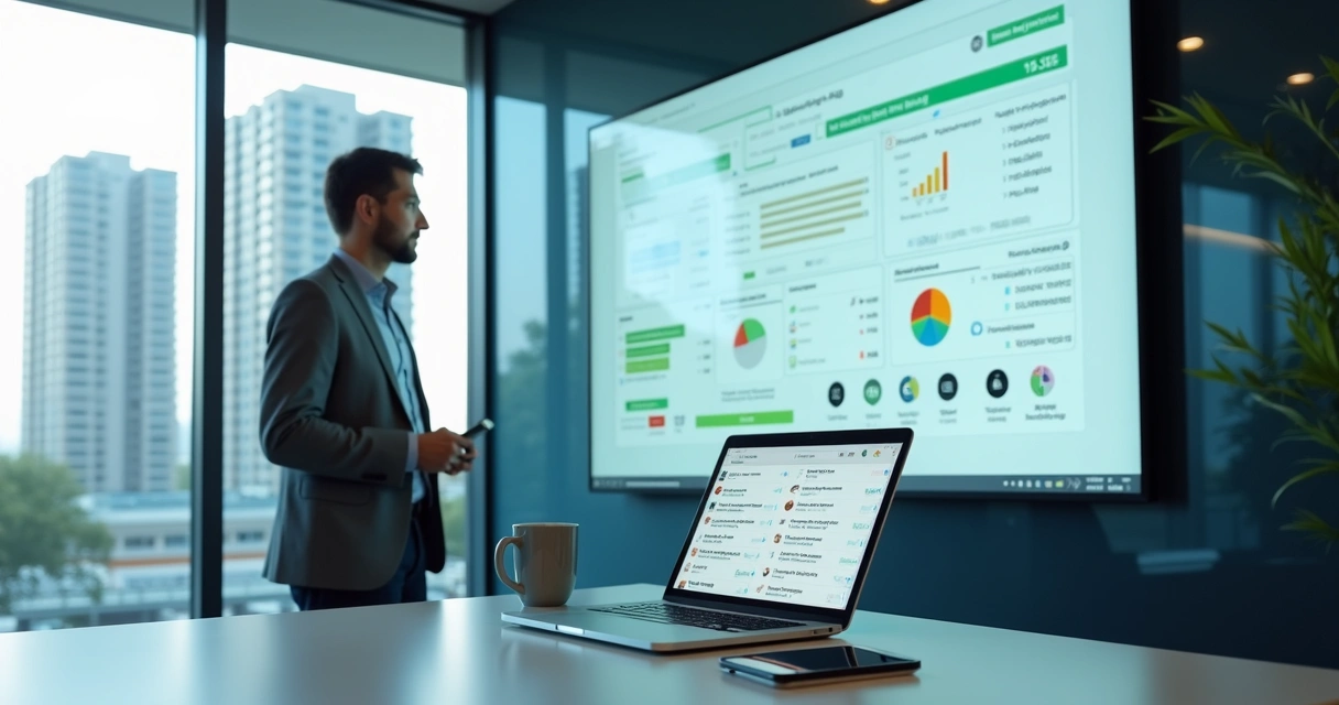 Síndico usando painel digital para gestão inteligente do condomínio